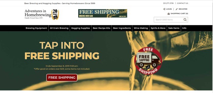 This screenshot of the home page for Adventures In Home Brewing has a dark background with a gold image of a liquid being poured into some brewing equipment, and an announcement for free shipping.