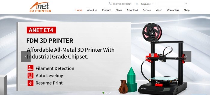 This screenshot of the home page for Anet Technology has a black and red 3D printer in front of a white background, next to a beige text box with black text and red icons that describe the featured printer.