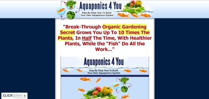 This screenshot of the home page for Aquaponics 4 You has a dark blue background, a white center section with red and blue text announcing the idea of aquaponics, and a photo of a goldfish aquarium with images of fresh veggies layered over the top.