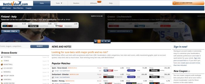 This screenshot of the home page for BetOnValue has a white background, a dark filtered photo near the top of the page showing what appears to be a professional soccer player behind some betting information, and black and red text through the rest of the page giving information about current and upcoming sporting events to bet on.