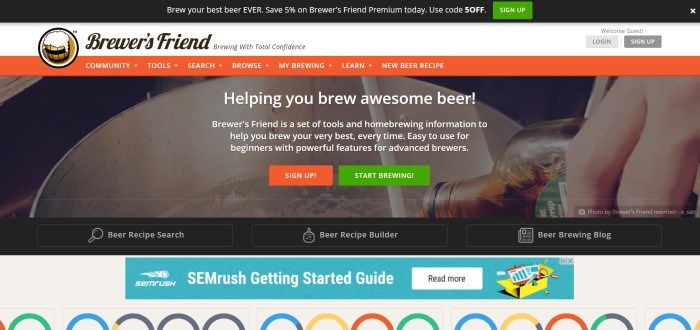 This screenshot of the home page for Brewer's Friend has a large photo of a metal home brewing system, along with white text announcing the information and tools available at Brewer's Friend.