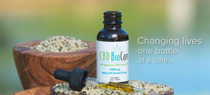 This screenshot of the home page for CBD BioCare has a dropper full of CBD oil lying on marijuana seeds in a rustic bowl near an open bottle of CBD oil.