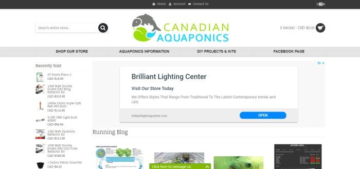 This screenshot of the home page for Canadian Aquaponics has a white background, small photos and text of products running down the left side of the page, blog post photos along the bottom of the page, and a white and gray section near the center of the page announcing LED lighting for aquaponics systems. 