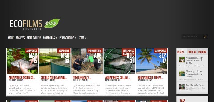 This screenshot of the home page for Eco Films Australia has a black background with a beige window containing photos and writing in black and red text that share blog post topics for the past few months, including a photo of someone holding a fish, a fish in a net, and an aquaponics system.