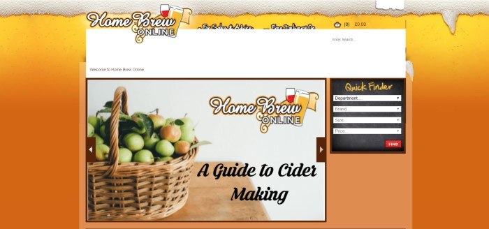 This screenshot of the home page for Home Brew Online has an orange background and a photo of a basket of apples on a wooden table next to black text that reads 'A guide to cider making.'