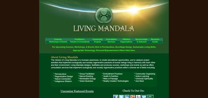 This screenshot of the home page for Living Mandala has a dark background and a green midsection with white, yellow, and green text explaining the aquaponics course, below a photo showing the Earth as the Sun comes up on the lower horizon.