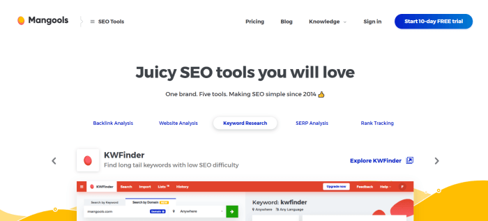 This screenshot of the home page for Mangools has a white background with black text announcing SEO tools and the top of a computer screen with a red header showing the beginning of a keyword search.
