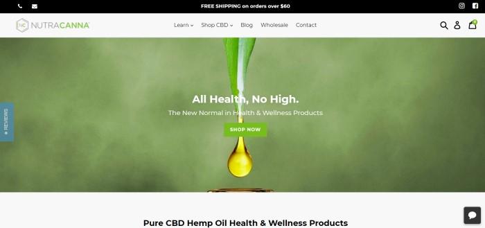 This screenshot of the home page for NutraCanna has a green background behind a marijuana leaf with a drop of yellow oil falling from it into the top of a brown glass bottle, and the words, "All health, no high" in white lettering.