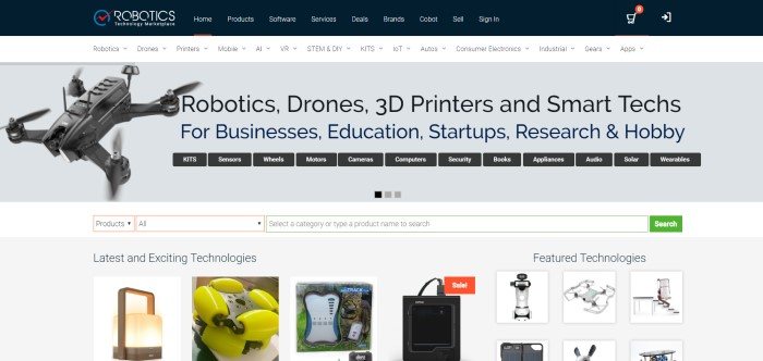 This screenshot of the home page for Oz Robotics has a white background with black text announcing the robotics, drones and 3D printers sold by Oz Robotics, above a row of photos of other high-tech products.