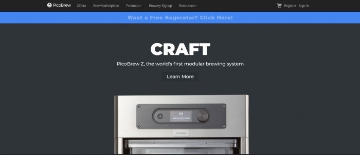 This screenshot of the home page for PicoBrew has a black background with a photo of a modular brewing system, behind white text announcing the PicoBrew Z.