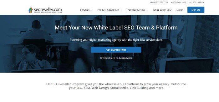 This screenshot of the home page for SEOReseller has a dark blue filtered photo of a room full of people working on computers, behind white text announcing SEOReller as a white label SEO team and platform.