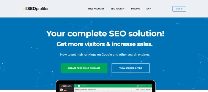 This screenshot of the home page for SEOprofiler has a blue background with white text announcing SEO profiler as the complete SEO solution, along with a green call-to-action button for creating a free demo account.