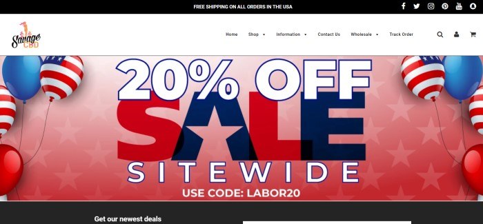 This screenshot of the home page for Savage CBD is a large 20% off sale advertisement in red, white, and blue.