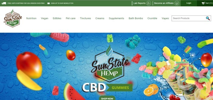 This screenshot of the home page for Sun State Hemp has a blue background with water droplets behind several CBD gummy candies and the Sun State Hemp logo.