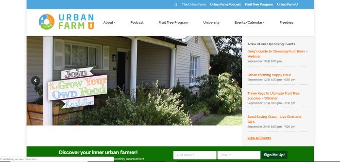 This screenshot of the home page for Urban Farm U has a white background with a large photo of a home and yard, which includes a sign inviting people to joint he grow-your-own-food revolution.