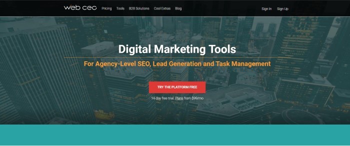 This screenshot of the home page for WebCEO has a dark filtered photo of city buildings behind white marketing introducing digital marketing tools and a red call-to-action button for a free trial period.