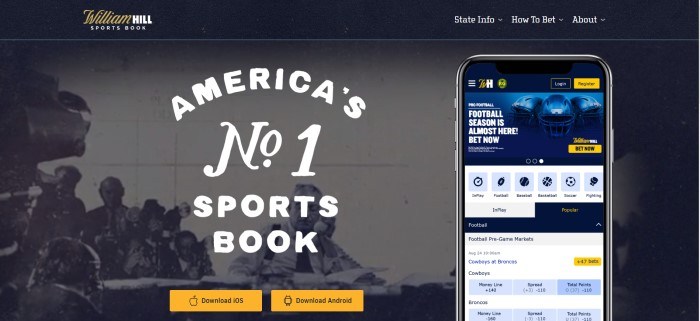 This screenshot of the home page for William Hill shows an old black and white photo of men that appear to be watching a sporting event, behind white text that reads "No.1 sports book."