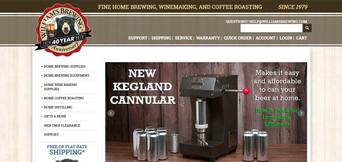 This screenshot of the home page for Williams Brewing has a background of light-colored wood, a section that customers can browse through to find the products they want, and a photo of a New Kegland Cannular.