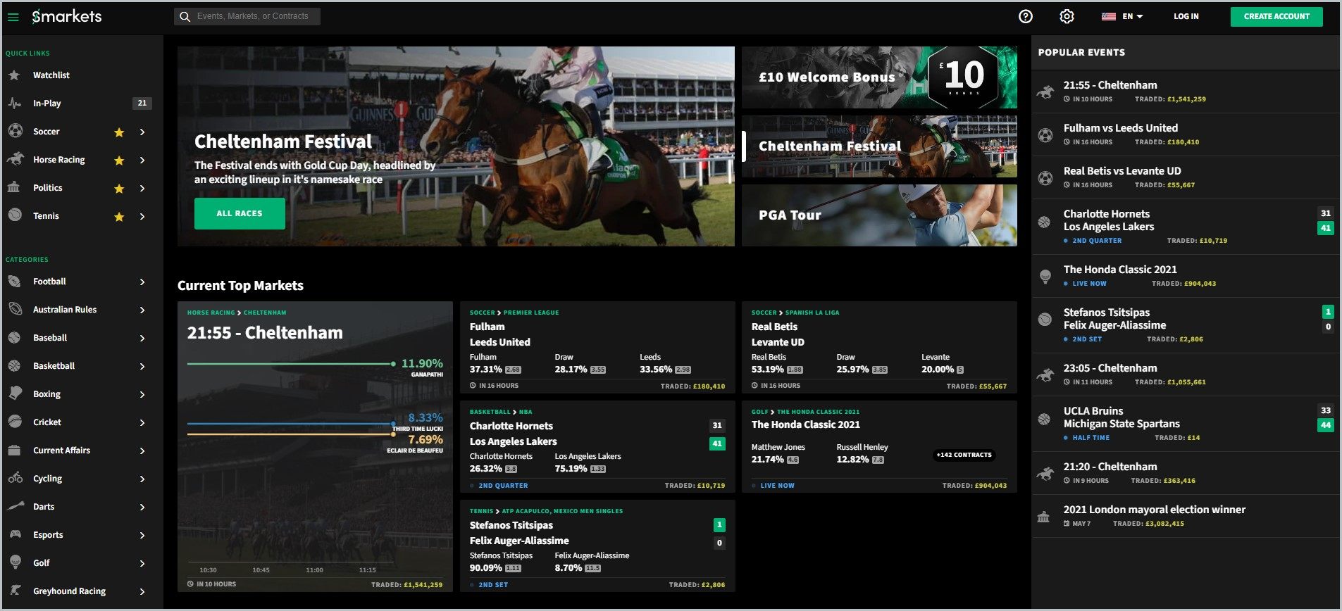 Smarkets screenshot of Smarkets homepage with black header bearing the website's name, it showcases a dominantly black page with the navigation menu at the left-hand side of the page