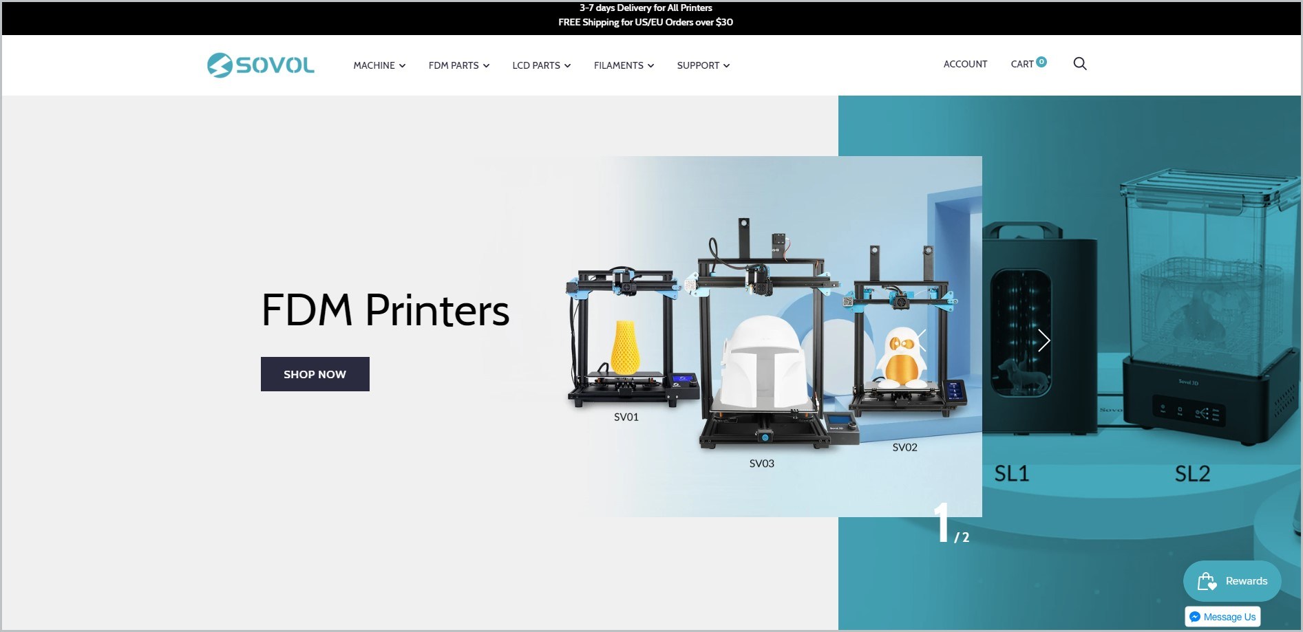 screenshot of Sovol homepage showcasing a picture of some of their maker machine as main image