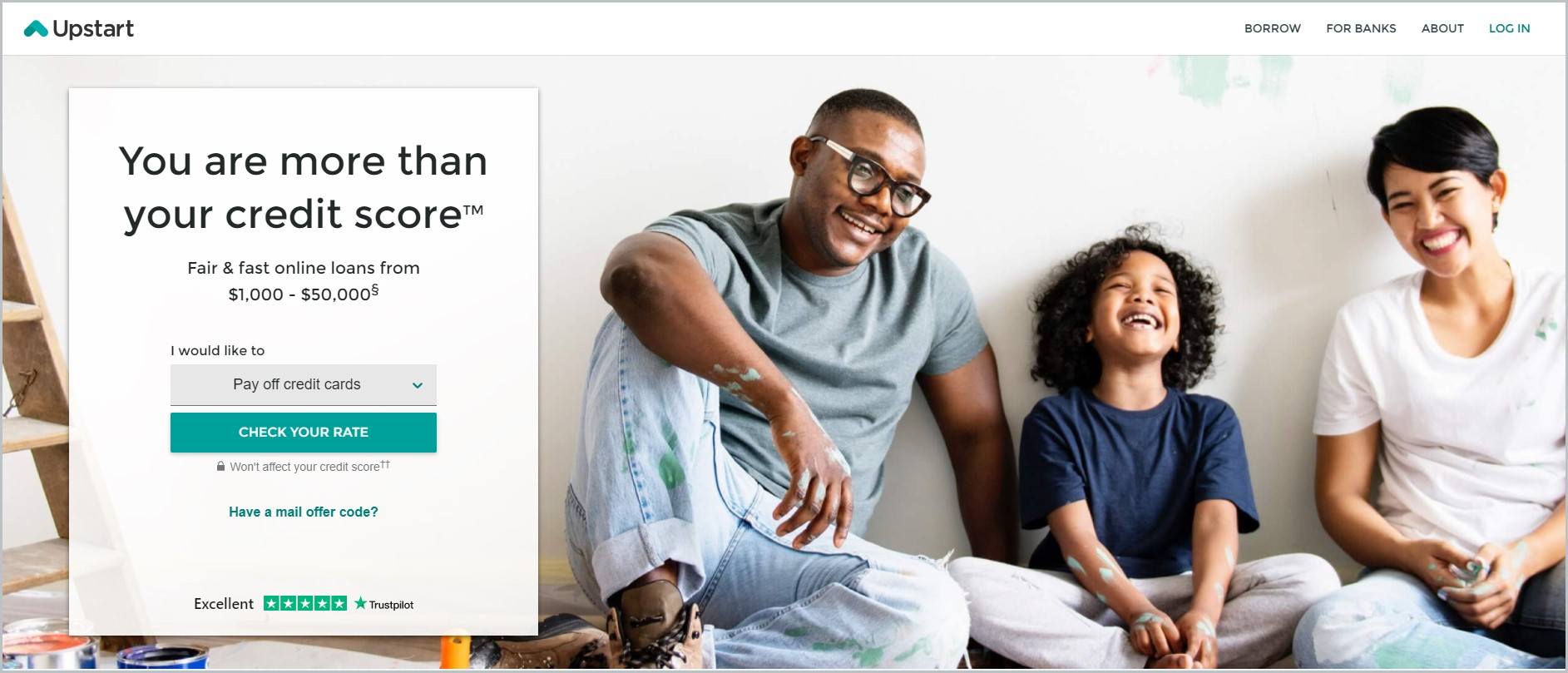 screenshot of Upstart homepage with white header bearing the website's name and main navigation menu, main image features a couple and their child seated on the floor