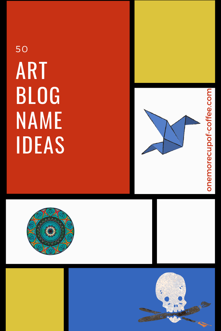 red, yellow, white, and blue decorative squares with small cute random graphics and text "50 art blog name ideas"