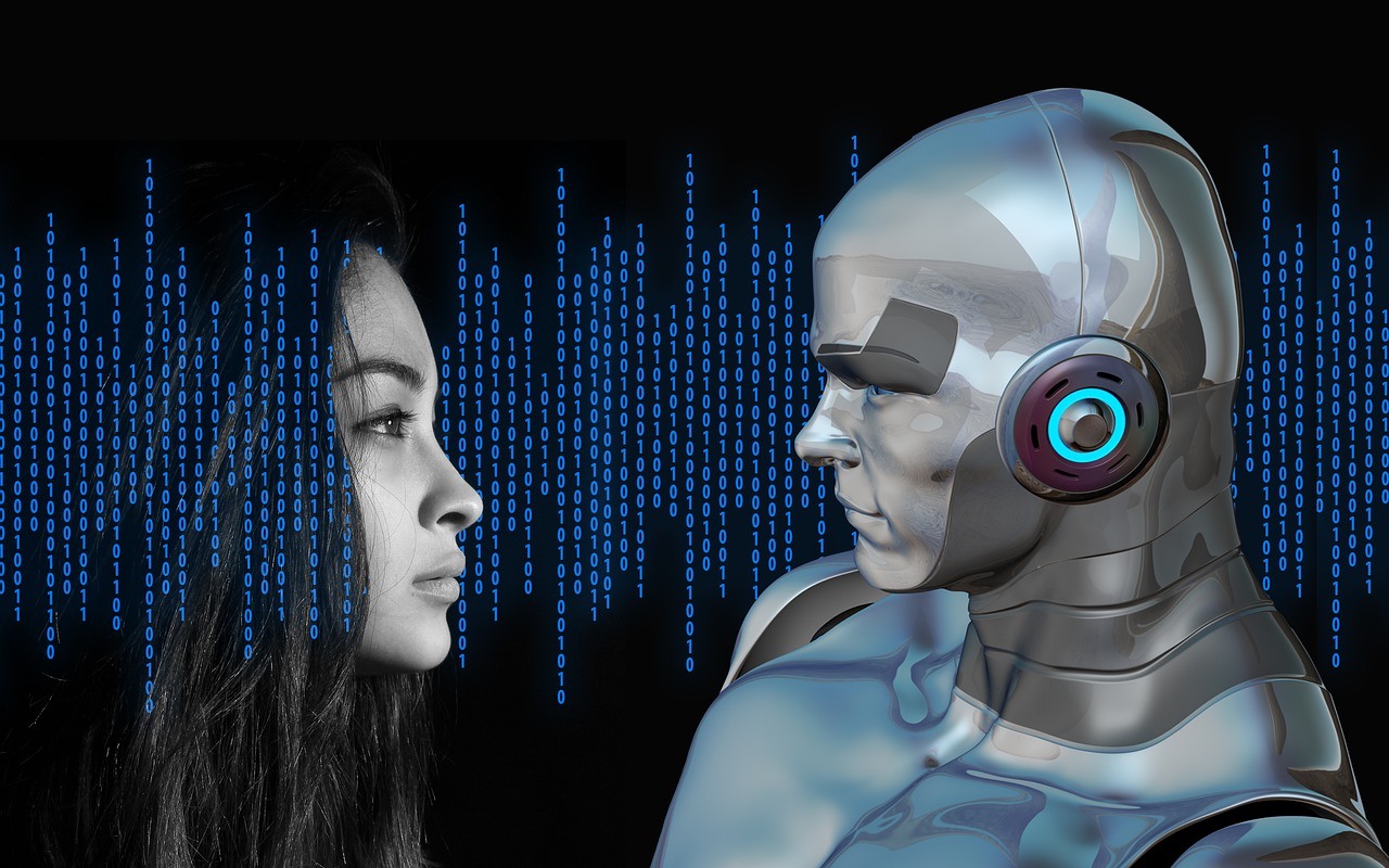 woman's face in digital background with artificial intelligence robot looking at her