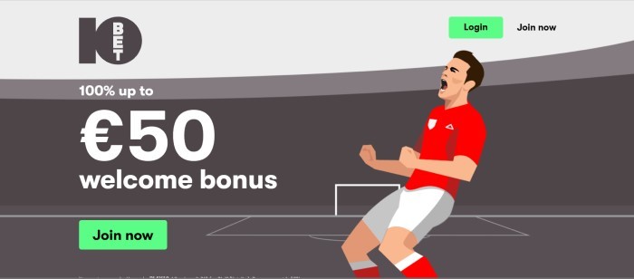 This screenshot of the home page for 10bet has a graphically-designed image in gray, white, and red of a soccer player on a soccer field, behind an announcement in white text for a welcome bonus. 