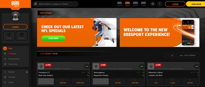 This screenshot of the home page for 888sport has a dark background and text in orange and gray, with an orange text box containing white writing that invites people to check out NFL specials, along with a green 'click here' call-to-action button.