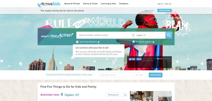 This screenshot of the home page for Active Kids shows a boy in a superhero cape in front of a cityscape, along with a search bar for finding out about nearby activities for parents and children who want to stay moving and learning.