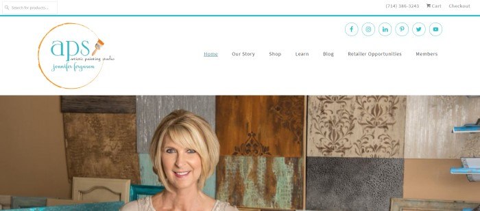  This screenshot of the home page for Artistic Painting Studio shows a smiling blond woman in front of several samples of artistic painting techniques in browns, greens, tans, and grays.