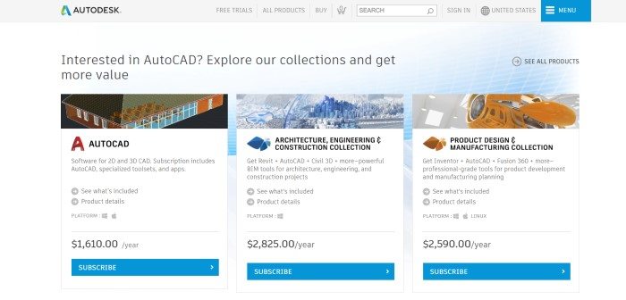 This screenshot of the home page for Autodesk has a white background with three feature sections showing software packages for 3D designs and blue 'subscribe' call-to-action buttons.