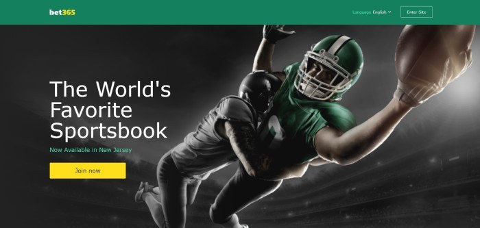 This screenshot of the home page for Bet365 has a dark-filtered image of an American football tackle happening in midair, next to text in white lettering that announces Bet365 as the world's favorite sportsbook.