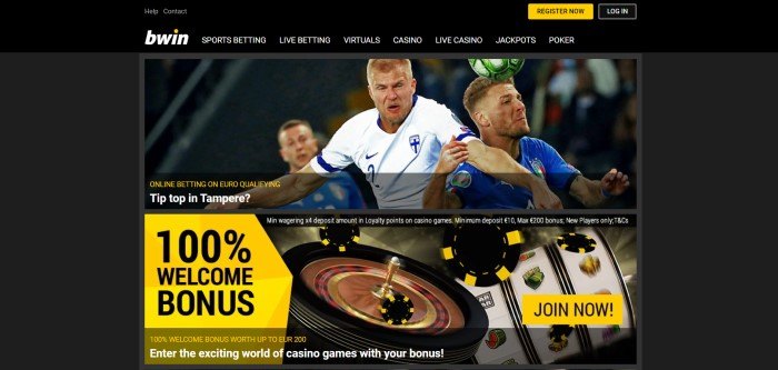  This screenshot of the home page for Bwin has a black background with a photo of some professional soccer players in the middle of a game, above a 100% welcome bonus announcement in yellow and black over a photo of some casino games.