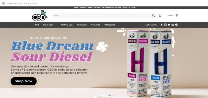 This screenshot of the home page for CBDFX has a tan background and text in white, black, blue, and purple introducing CBD terpene pens and a black "Shop now" call-to-action button.