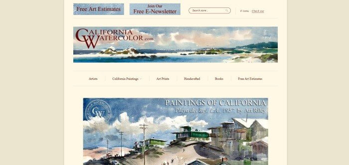 This screenshot of the home page for California Watercolor has a beige and light yellow background, blue painted navigation buttons, and a painted header for California Watercolor.com, above a painting with a large blue sky, a road, and some buildings, along white text announcing Paintings of California by Art Riley.