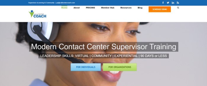  This screenshot of the home page for Call Center Coach includes a white navigation bar above a photo of a smiling woman in a headset, behind white text that reads "Modern contact center supervisor training" along with call-to-action buttons for both individuals and organizations.