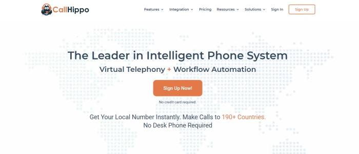 This screenshot of the home page for CallHippo has a white navigation bar above a white background with gray dots outlining the continents on Earth, behind black text announcing CallHippo as the leader in intelligent phone systems and an orange call-to-action button. 