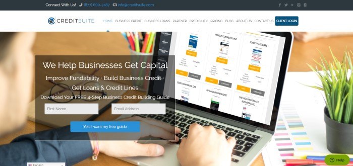 This screenshot of the home page for Credit Suite shows a pair of hands working at a laptop, behind an opt-in box with a blue call-to-action button for getting a free guide to business loans and credit lines.