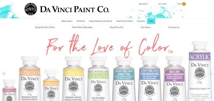 This screenshot of the home page for Da Vinci Paint Co. shows a row of tubes of paint in different colors in front of a white background, along with red text reading 