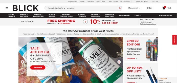 This screenshot of the home page for Dick Blick Art Supplies includes an announcement in black and red lettering for a 40% off sale in front of a used paint palette and a few tubes of blue and green paint.