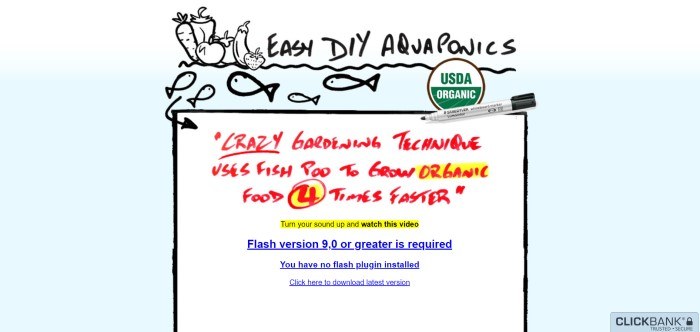 This screenshot of the home page for Easy! DIY Aquaponics has a pale blue background with a white center section, which includes red, black, and blue text inviting browsers to watch a video about how to grow organic food four times faster than usual.