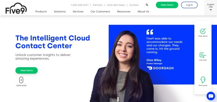 This screenshot of the home page for Five9 has a white navigation bar and a light gray background with blue text announcing Five9 as the intelligent cloud contact center, next to a photo of a smiling woman and her testimonial about how Five9 helped her company.