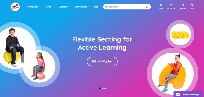 This screenshot of the home page for Fun And Function has a blue-to-purple graded background with white text introducing flexible seating for active learners, along with some photos of children sitting on exercise balls, stools, and foam seats in interesting shapes.