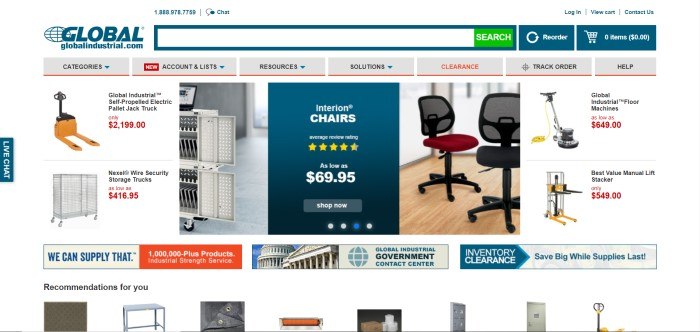 This screenshot of the home page for Global Industrial has a gray navigation bar above several smaller sections showing photos of products like office chairs and pallet jack trucks, along with their prices in red.