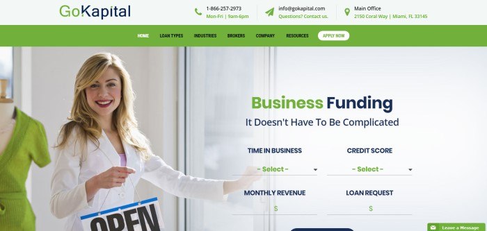 This screenshot of the home page for GoKapital shows a smiling woman in what appears to be a clothing store hanging up an 