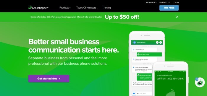 This screenshot of the home page for Grasshopper has a black navigation bar above a plain green background with an image of a mobile phone showing a work conversation and white text announcing "Better small business communication starts here."