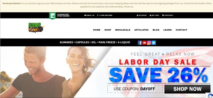 This screenshot of the home page for Hemp Bombs has a photo of a man and a woman smiling next to a Labor Day sale advertisement.