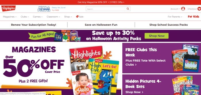 This screenshot of the home page for Highlights has a white background, red header with a 50% off discount, and several brightly-colored advertisements for children's magazines, Halloween activity packs, and kids' clubs.