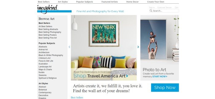 This screenshot of the home page for image kind has a white navigation bar at the top and a gray navigation bar along the left side, along with some art pieces from paintings and photos from independent artists on the left side of the page.